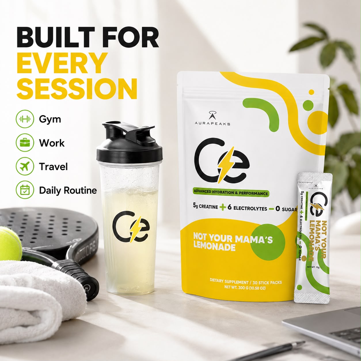 CE shaker, stick pack and pouch — built for gym, work, travel and daily routine